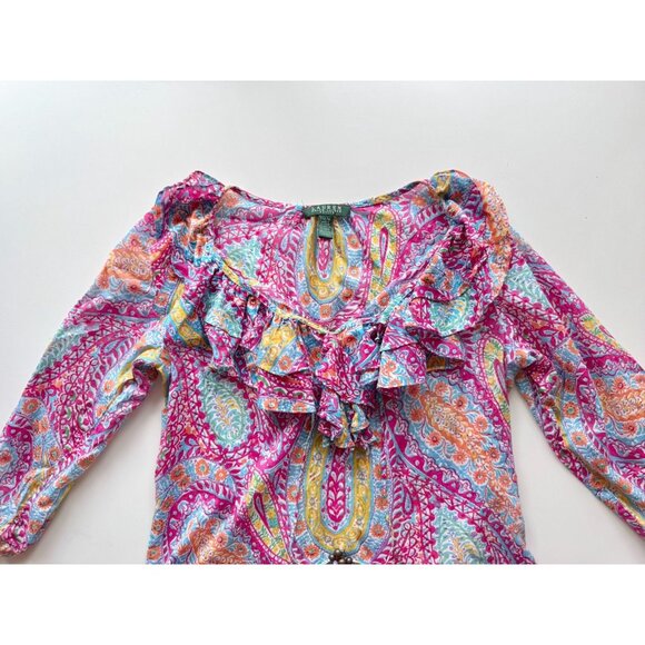LAUREN RALPH LAUREN Pink Paisley Cotton Voile V-Neck Ruffle Blouse, Size M - Picture 7 of 16